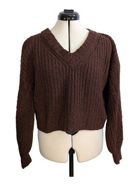Pink Rose Chenille V-Neck Cropped Sweater Chocolate Brown Ribbed Women's M